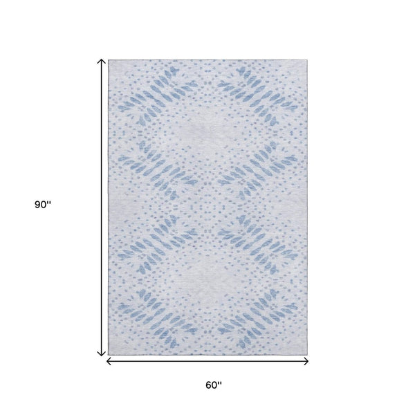 HomeRoots 5' X 8' Floral Area Rug in Blue & Ivory - Washable, UV Protected, Durable for Homes with Kids & Pets 664914