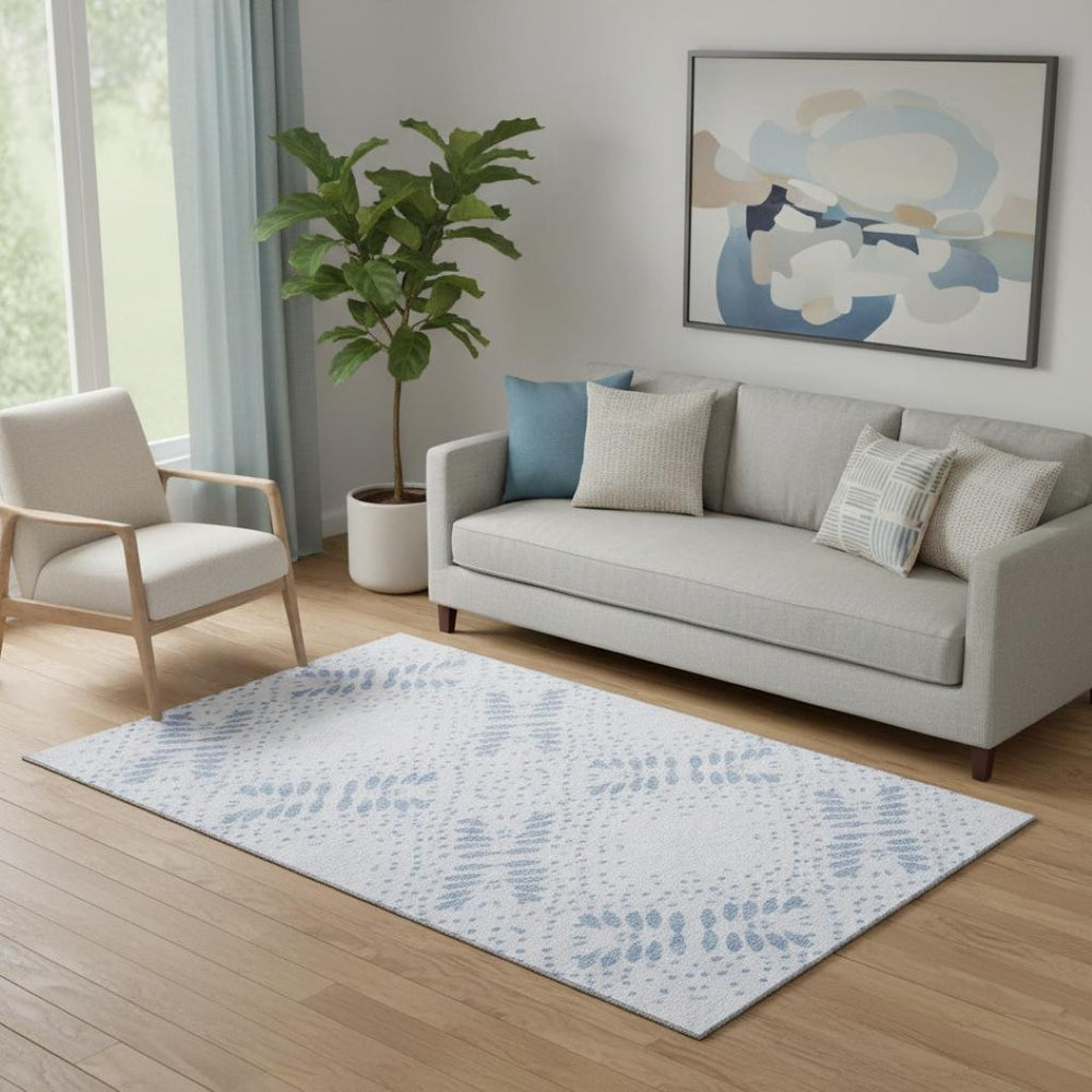 HomeRoots 5' X 8' Floral Area Rug in Blue & Ivory - Washable, UV Protected, Durable for Homes with Kids & Pets 664914