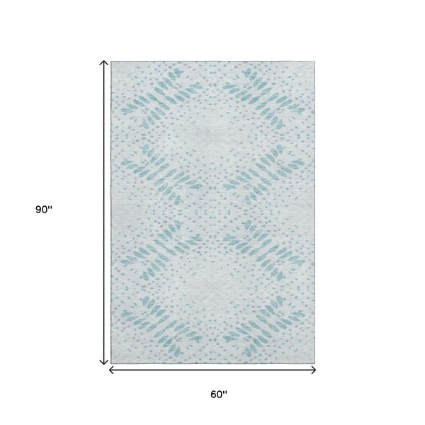HomeRoots 5' Teal and Ivory Floral Area Rug – Durable, Washable, UV Protected for Stylish Everyday Living 664932