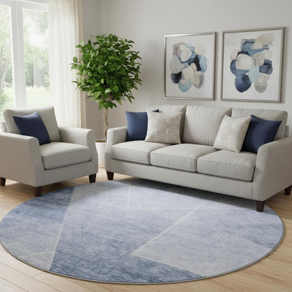 HomeRoots 8' Blue And Ivory Geometric Round Rug - Washable, UV-Protected, Stain-Resistant for High-Traffic Homes 664945