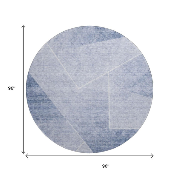 HomeRoots 8' Blue And Ivory Geometric Round Rug - Washable, UV-Protected, Stain-Resistant for High-Traffic Homes 664945