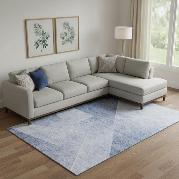 HomeRoots 8' X 10' Blue and Ivory Geometric Area Rug - Washable, UV Protected, Stain Resistant for Modern Spaces 664946