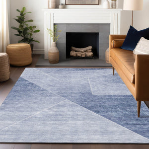 HomeRoots 9' X 12' Stylish Blue & Ivory Geometric Washable Area Rug with UV Protection for Busy Homes 664947