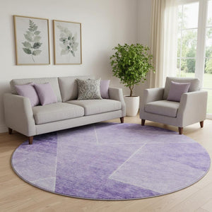 HomeRoots 8' Purple and Ivory Geometric Washable Round Rug - Durable, Stain Resistant, UV Protected Accent Piece 664957