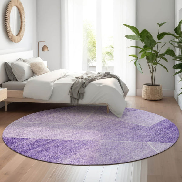 HomeRoots 8' Purple and Ivory Geometric Washable Round Rug - Durable, Stain Resistant, UV Protected Accent Piece 664957