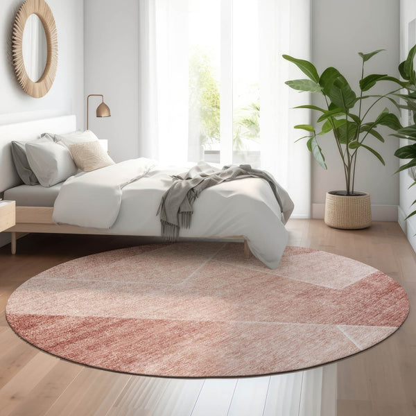HomeRoots 8' Salmon and Ivory Geometric Round Rug - Washable, UV-Protected, Stain-Resistant for Busy Homes 664969