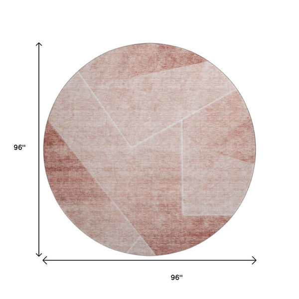 HomeRoots 8' Salmon and Ivory Geometric Round Rug - Washable, UV-Protected, Stain-Resistant for Busy Homes 664969
