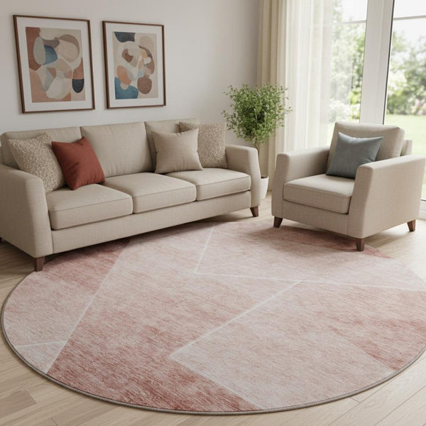 HomeRoots 8' Salmon and Ivory Geometric Round Rug - Washable, UV-Protected, Stain-Resistant for Busy Homes 664969