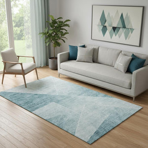 HomeRoots 5' X 8' Teal And Ivory Geometric Area Rug – Stylish, Washable, Stain Resistant with UV Protection! 664974