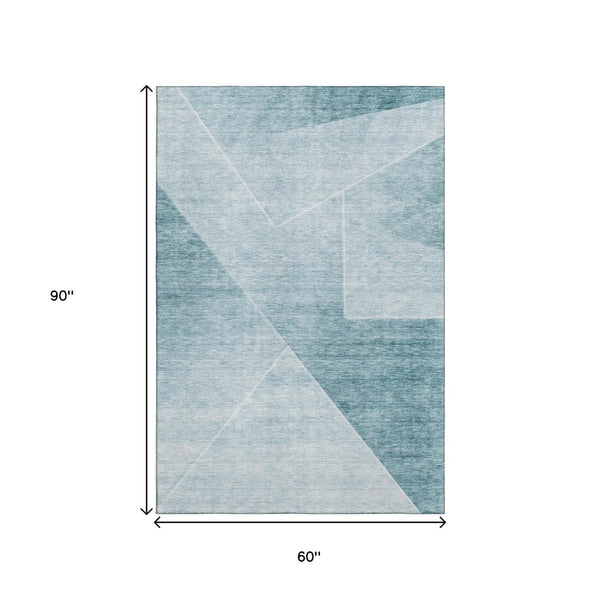 HomeRoots 5' X 8' Teal And Ivory Geometric Area Rug – Stylish, Washable, Stain Resistant with UV Protection! 664974
