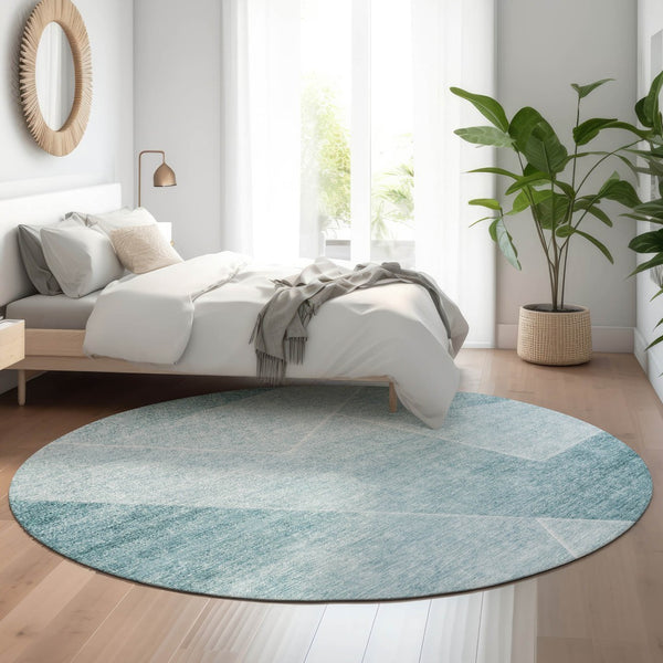 HomeRoots 8' Teal and Ivory Geometric Round Rug – Washable, UV-Resistant, Durable, and Stylish for Any Space 664975