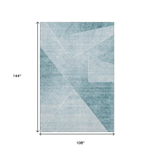 HomeRoots 9' X 12' Teal And Ivory Geometric Area Rug - Durable, Washable, UV-Protected for Active Homes 664977