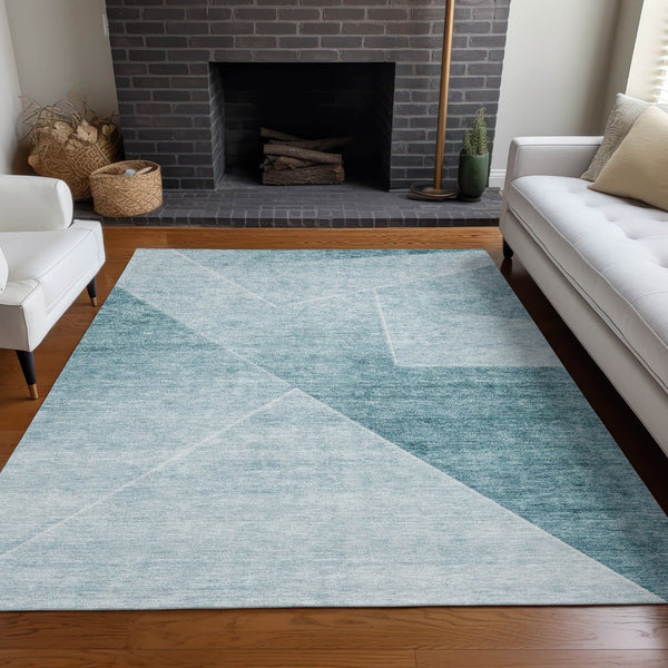 HomeRoots 9' X 12' Teal And Ivory Geometric Area Rug - Durable, Washable, UV-Protected for Active Homes 664977