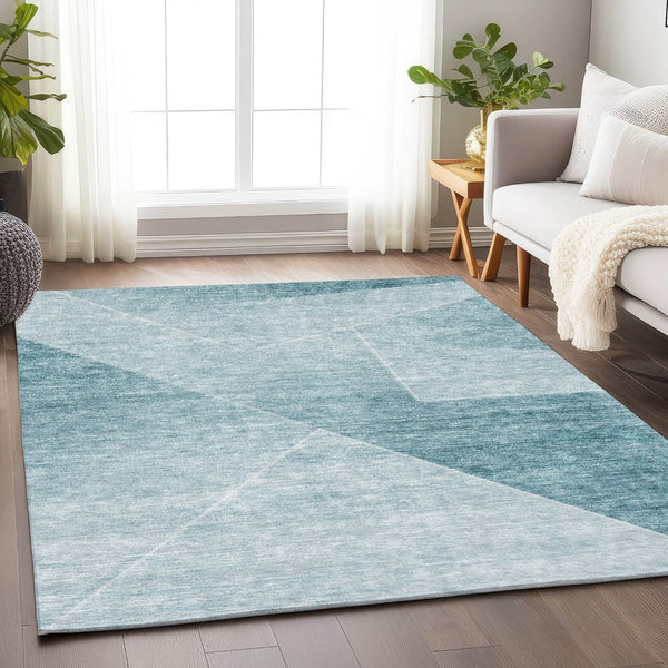 HomeRoots 9' X 12' Teal And Ivory Geometric Area Rug - Durable, Washable, UV-Protected for Active Homes 664977