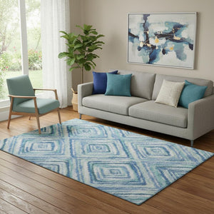 HomeRoots 5' X 8' Stylish Blue Green Ivory Geometric Area Rug - Washable, UV-Protected & Perfect for Homes! 664980