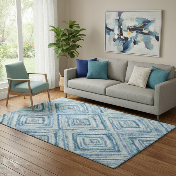 HomeRoots 5' X 8' Stylish Blue Green Ivory Geometric Area Rug - Washable, UV-Protected & Perfect for Homes! 664980