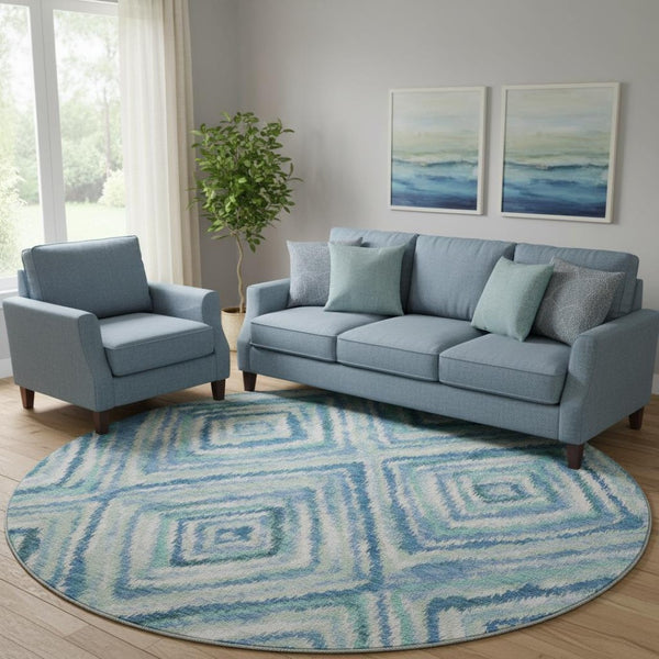 HomeRoots 8' Stylish Blue-Green-Ivory Geometric Washable Round Rug with Stain Resistance & UV Protection 664981