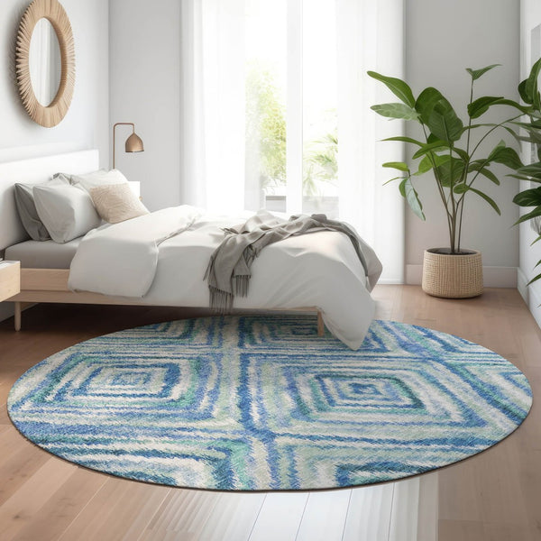 HomeRoots 8' Stylish Blue-Green-Ivory Geometric Washable Round Rug with Stain Resistance & UV Protection 664981