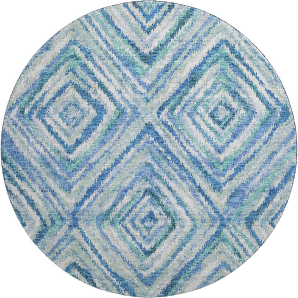 HomeRoots 8' Stylish Blue-Green-Ivory Geometric Washable Round Rug with Stain Resistance & UV Protection 664981