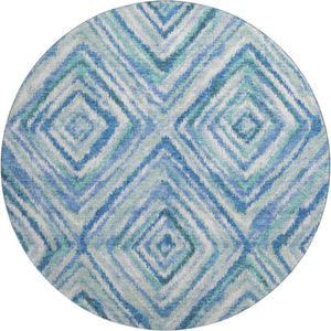 HomeRoots 8' Stylish Blue-Green-Ivory Geometric Washable Round Rug with Stain Resistance & UV Protection 664981