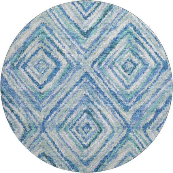 HomeRoots 8' Stylish Blue-Green-Ivory Geometric Washable Round Rug with Stain Resistance & UV Protection 664981