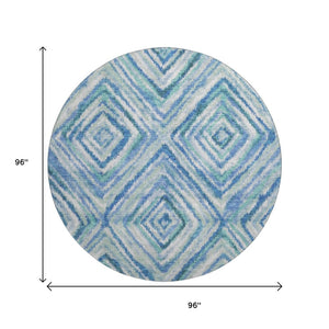 HomeRoots 8' Stylish Blue-Green-Ivory Geometric Washable Round Rug with Stain Resistance & UV Protection 664981