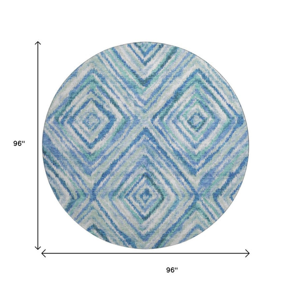 HomeRoots 8' Stylish Blue-Green-Ivory Geometric Washable Round Rug with Stain Resistance & UV Protection 664981