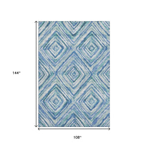 HomeRoots 9' X 12' Modern Geometric Area Rug in Blue, Green & Ivory - Washable, Stain Resistant, UV Protected 664983