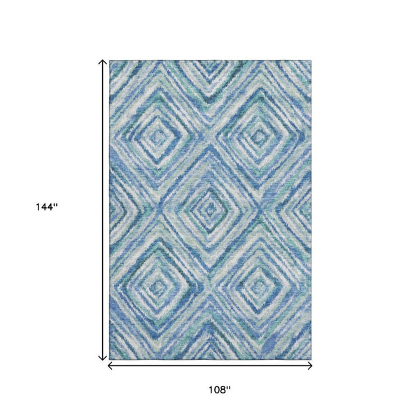 HomeRoots 9' X 12' Modern Geometric Area Rug in Blue, Green & Ivory - Washable, Stain Resistant, UV Protected 664983