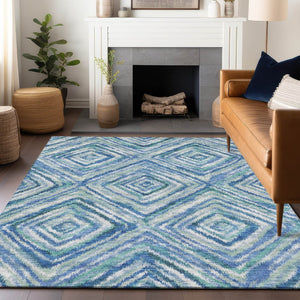 HomeRoots 9' X 12' Modern Geometric Area Rug in Blue, Green & Ivory - Washable, Stain Resistant, UV Protected 664983