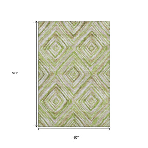 HomeRoots 5' X 8' Geometric Area Rug in Green, Brown & Ivory – Washable, Stain Resistant, UV Protected Design 664986