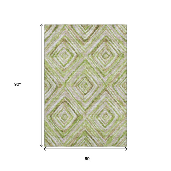 HomeRoots 5' X 8' Geometric Area Rug in Green, Brown & Ivory – Washable, Stain Resistant, UV Protected Design 664986