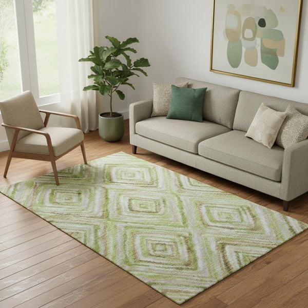HomeRoots 5' X 8' Geometric Area Rug in Green, Brown & Ivory – Washable, Stain Resistant, UV Protected Design 664986