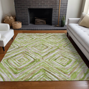 HomeRoots 5' X 8' Geometric Area Rug in Green, Brown & Ivory – Washable, Stain Resistant, UV Protected Design 664986