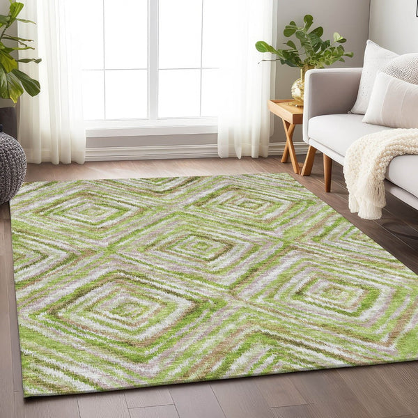 HomeRoots 5' X 8' Geometric Area Rug in Green, Brown & Ivory – Washable, Stain Resistant, UV Protected Design 664986