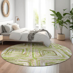 HomeRoots 8' Stylish Green, Brown & Ivory Geometric Washable Round Rug with UV Protection for Every Home 664987