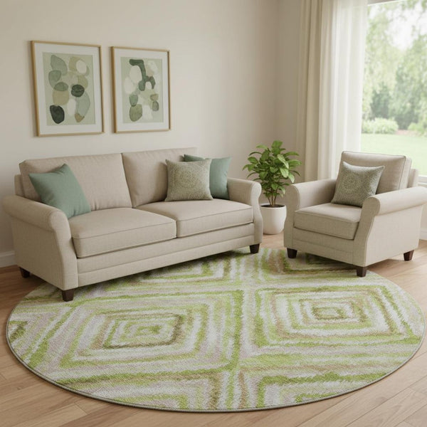 HomeRoots 8' Stylish Green, Brown & Ivory Geometric Washable Round Rug with UV Protection for Every Home 664987