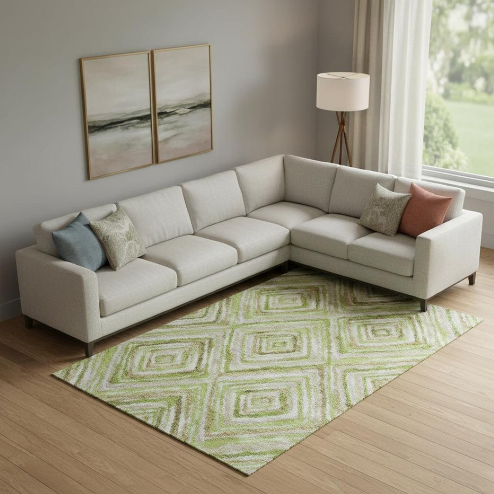 HomeRoots 9' X 12' Stylish Green, Brown & Ivory Geometric Washable Area Rug with UV Protection & Durability 664989