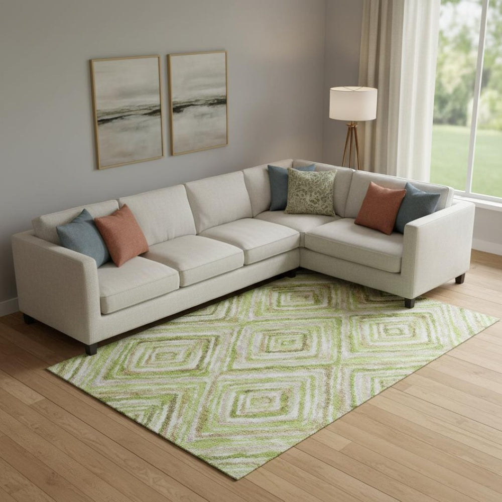 HomeRoots 10' X 14' Stylish Green Brown Ivory Geometric Area Rug – Washable, UV Protected, Durable Design! 664990