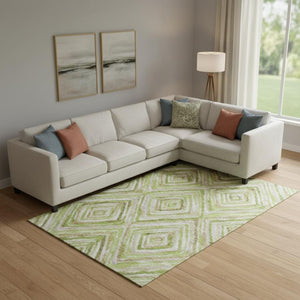 HomeRoots 10' X 14' Stylish Green Brown Ivory Geometric Area Rug – Washable, UV Protected, Durable Design! 664990
