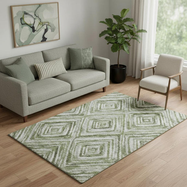 HomeRoots 5' Geometric Artichoke Green, Gray & Ivory Washable Area Rug with UV Protection for Family Homes 664998