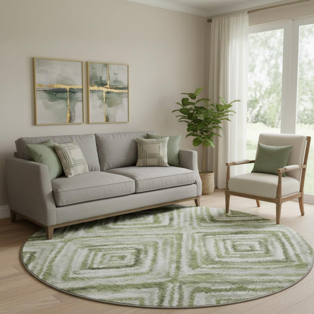 HomeRoots 8' Artichoke Green Gray Ivory Geometric Round Rug - Washable, UV Protected, Durable & Stylish Décor 664999
