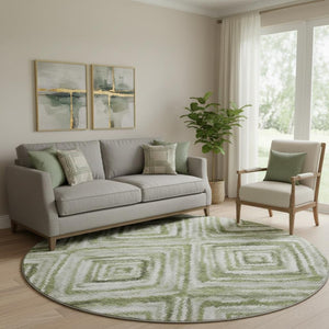 HomeRoots 8' Artichoke Green Gray Ivory Geometric Round Rug - Washable, UV Protected, Durable & Stylish Décor 664999