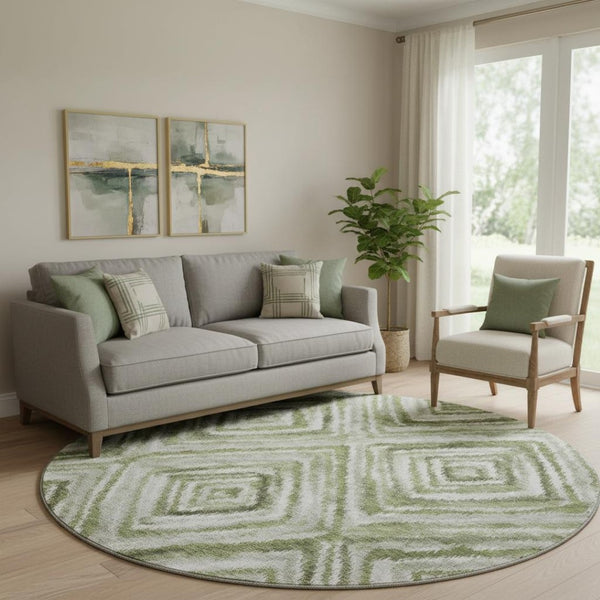 HomeRoots 8' Artichoke Green Gray Ivory Geometric Round Rug - Washable, UV Protected, Durable & Stylish Décor 664999