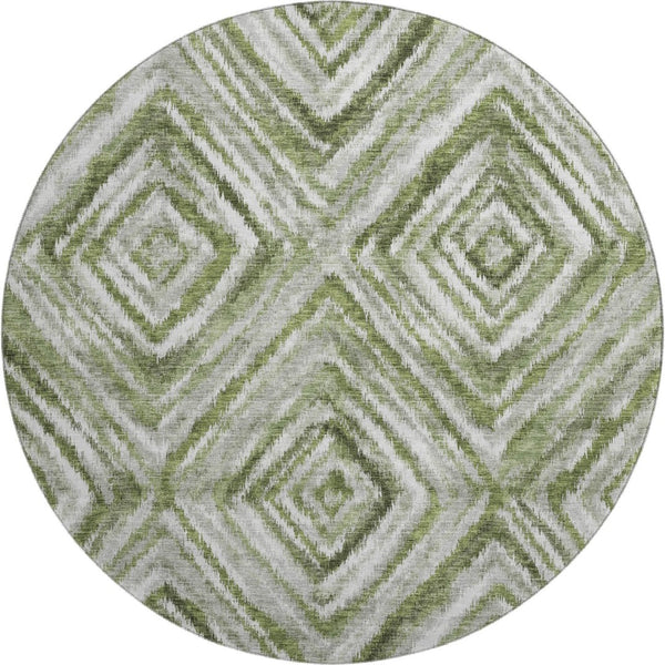 HomeRoots 8' Artichoke Green Gray Ivory Geometric Round Rug - Washable, UV Protected, Durable & Stylish Décor 664999