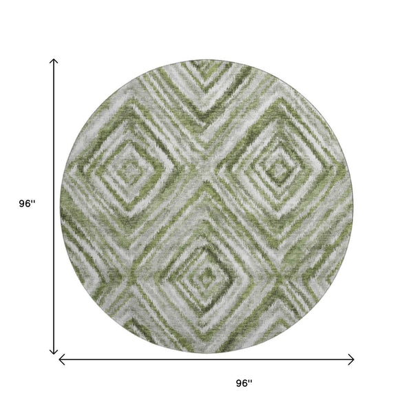 HomeRoots 8' Artichoke Green Gray Ivory Geometric Round Rug - Washable, UV Protected, Durable & Stylish Décor 664999
