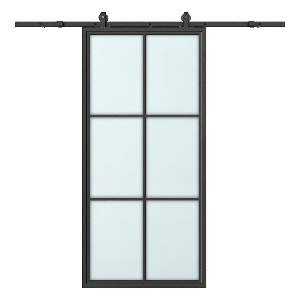 English Elm 30 in Matte Black Steel Sliding Barn Door Frosted Glass Privacy Panel with Hardware B2763P483217