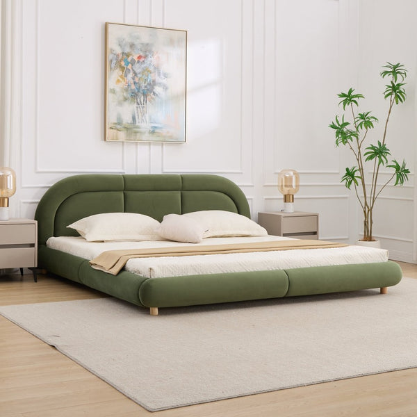 English Elm King Curved Velvet Upholstered Low Profile Platform Bed Sculpted Headboard Modern Green W5632P452163