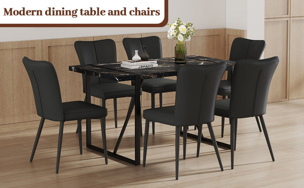English Elm Table Modern Black Marble Dining Set With 6 Ergonomic Pu Chairs - Stylish, Stable & Easy To Assemble! W1151S02526-GIGA