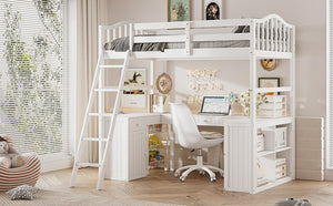 English Elm Twin Loft Bed with Desk Drawers Cabinet Shelves Solid Pine Wood White Finish LT0001505AAK-1